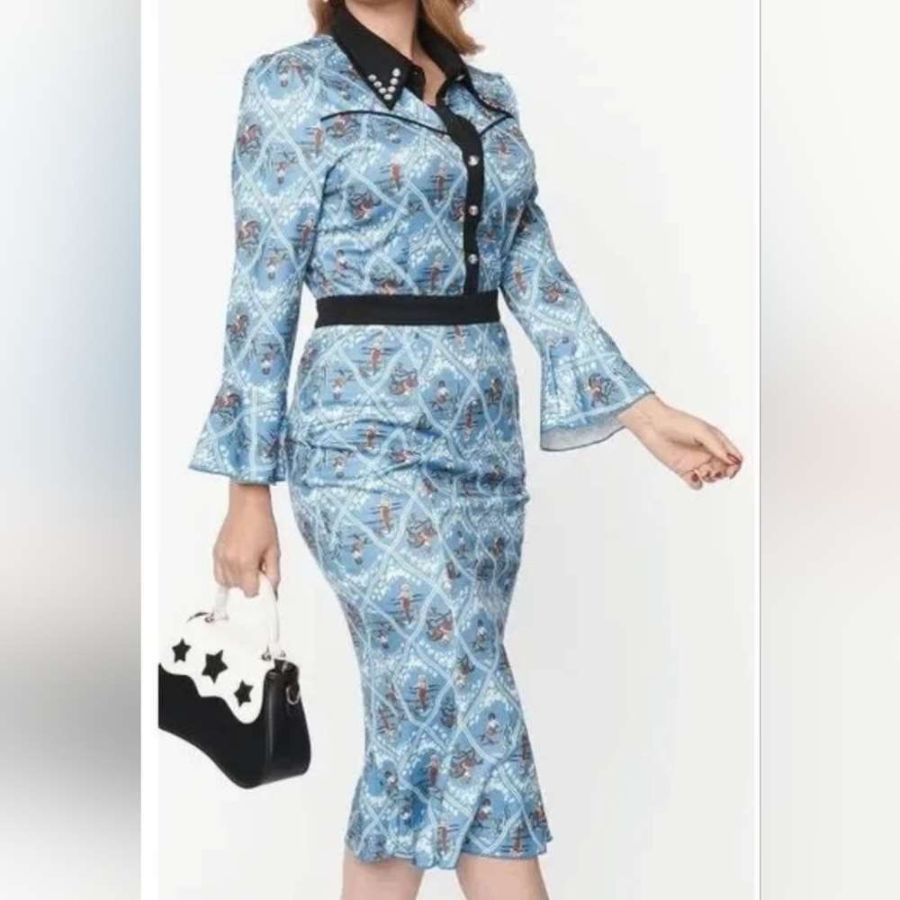 Unique Vintage Blue Western Pin-Up Print Wiggle Dress. NWT - Picture 4 of 7